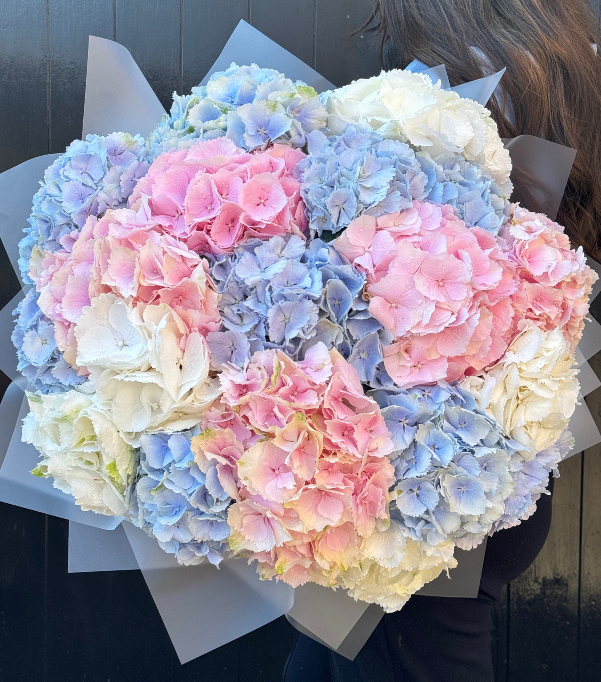 Pink/Blue/White Hydrangea Bouquet – hydrangea bouquet by La Grande Beauté, luxury flower delivery London