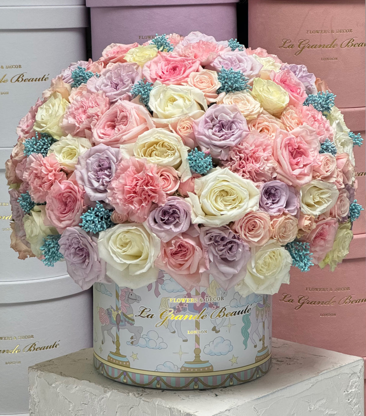 “Ethereal” – blush, purple and white roses and carnations by La Grande Beauté, luxury flower delivery London