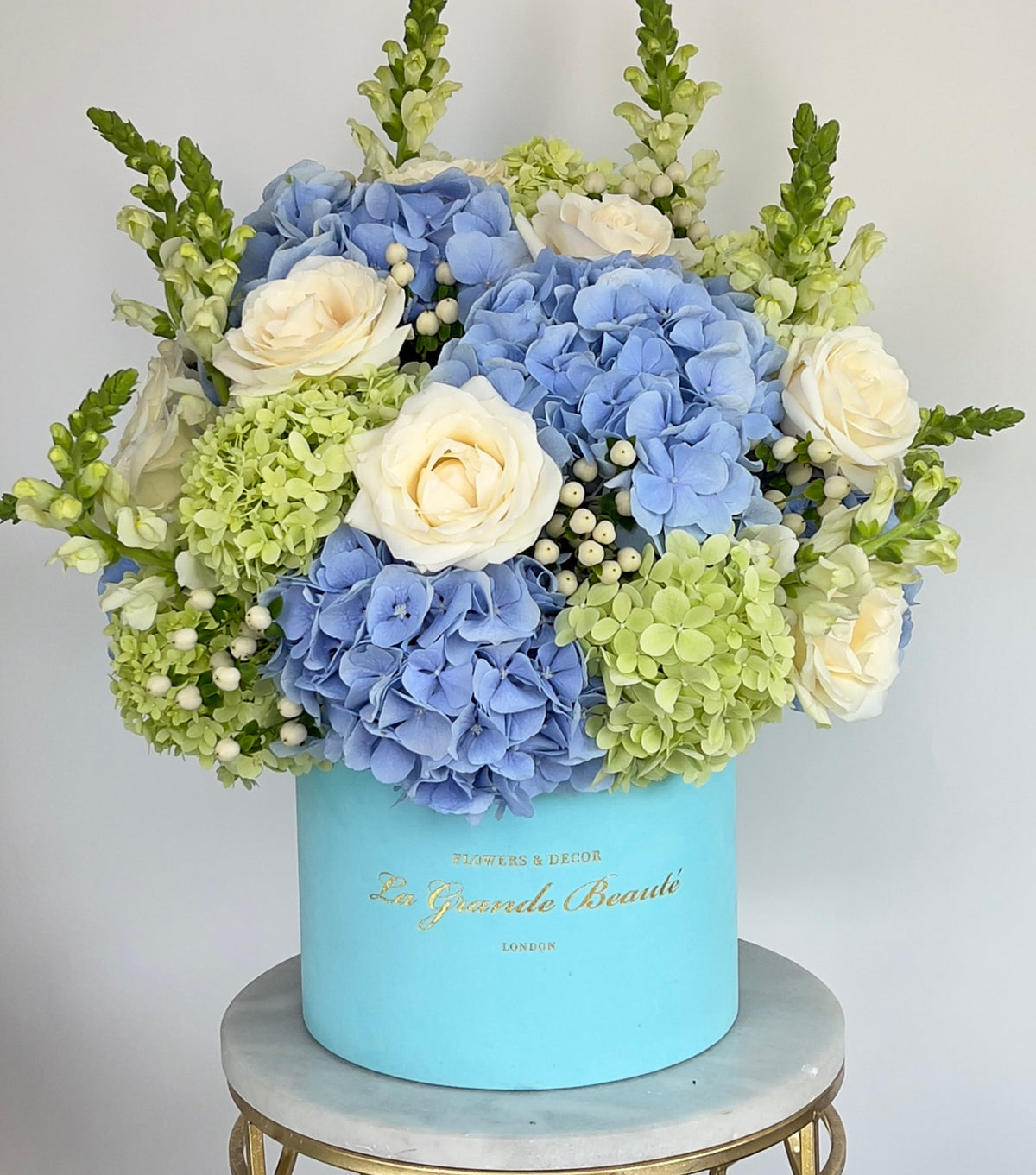 “Spring Meadow” – hydrangea, ranunculus and viburnum box by La Grande Beauté, luxury flower delivery London