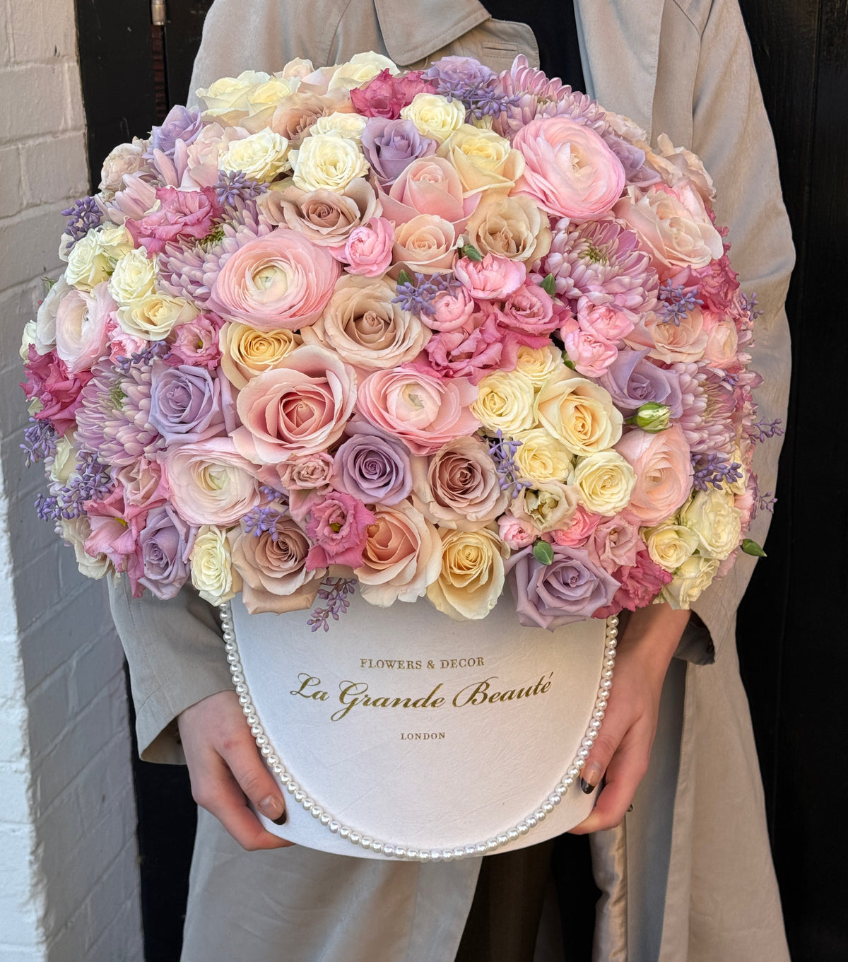 “Papillon” – purple rose, eustoma and ranunculus flower box by La Grande Beauté, luxury flower delivery London