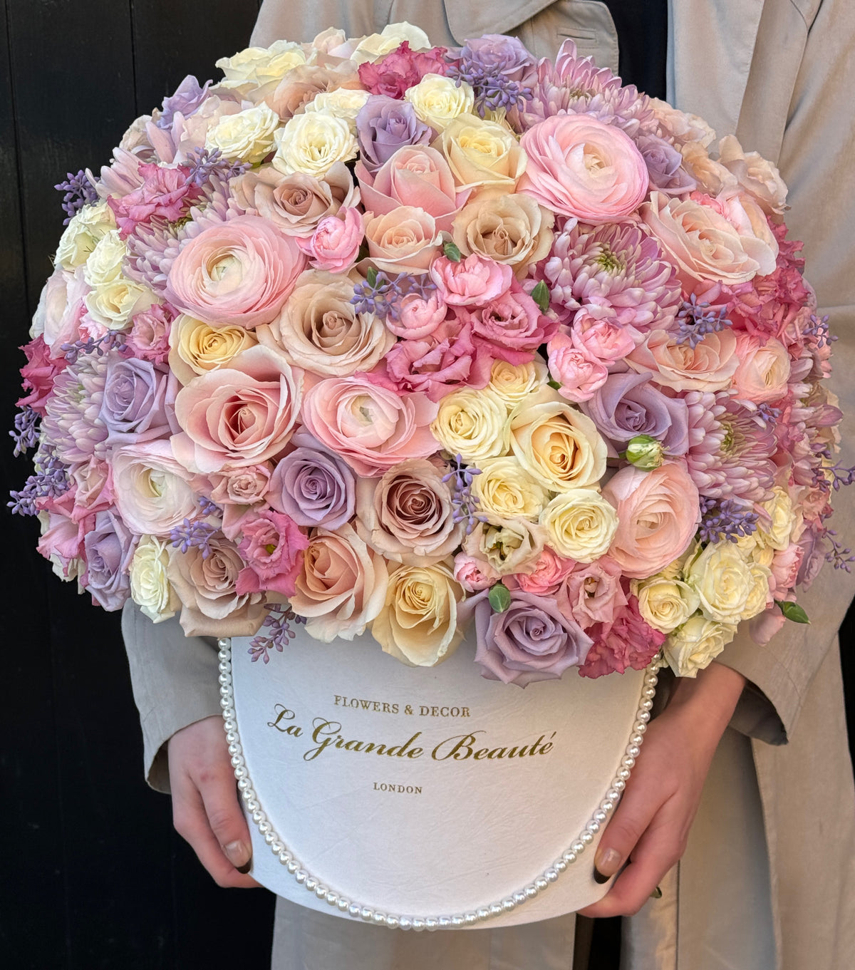 “Papillon” – purple rose, eustoma and ranunculus flower box by La Grande Beauté, luxury flower delivery London