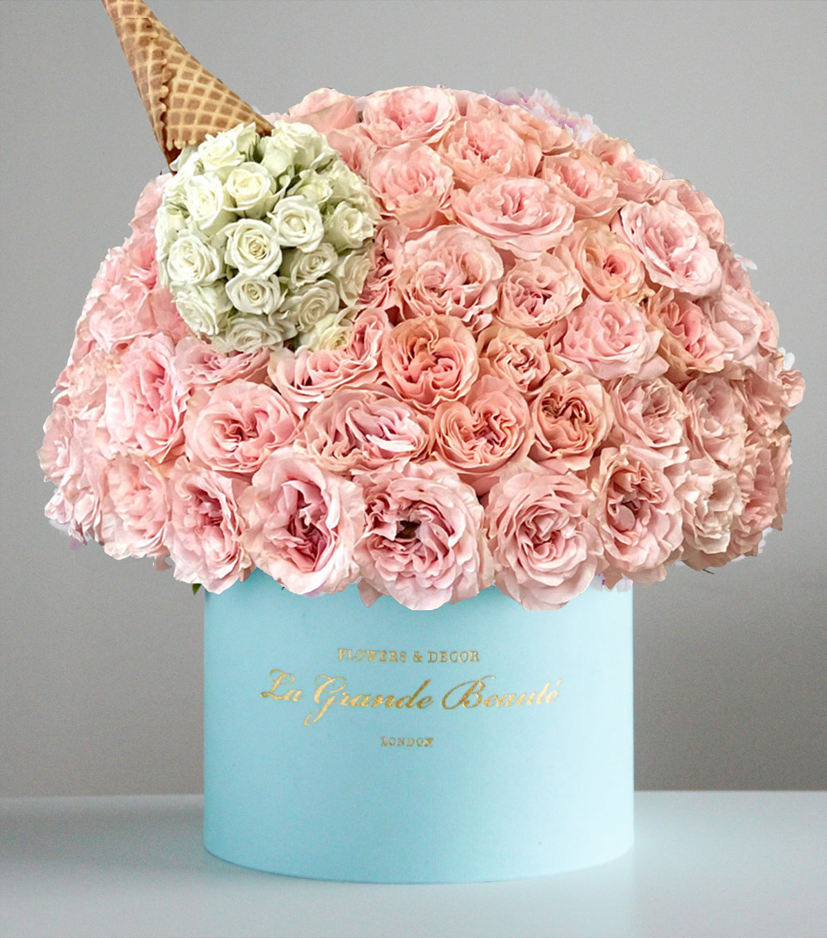 “Rose Ice Cream” – pink rose box with an ice cream cone by La Grande Beauté, luxury flower delivery London