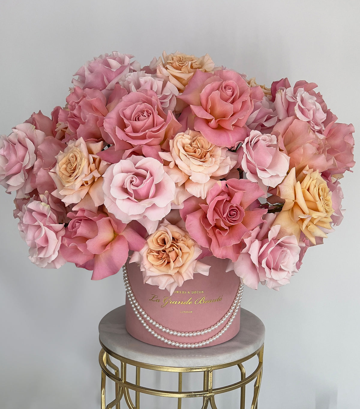 “Allure” – 23cm velvet box of reflexed roses by La Grande Beauté, luxury flower delivery London