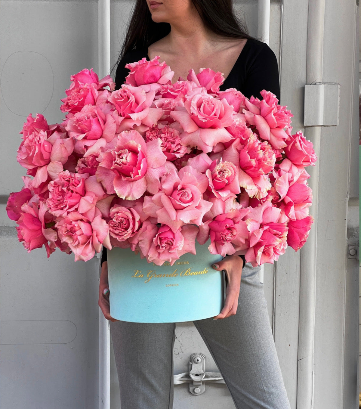 “Barbie” – 50 reflexed pink roses in a velvet box by La Grande Beauté, luxury flower delivery London
