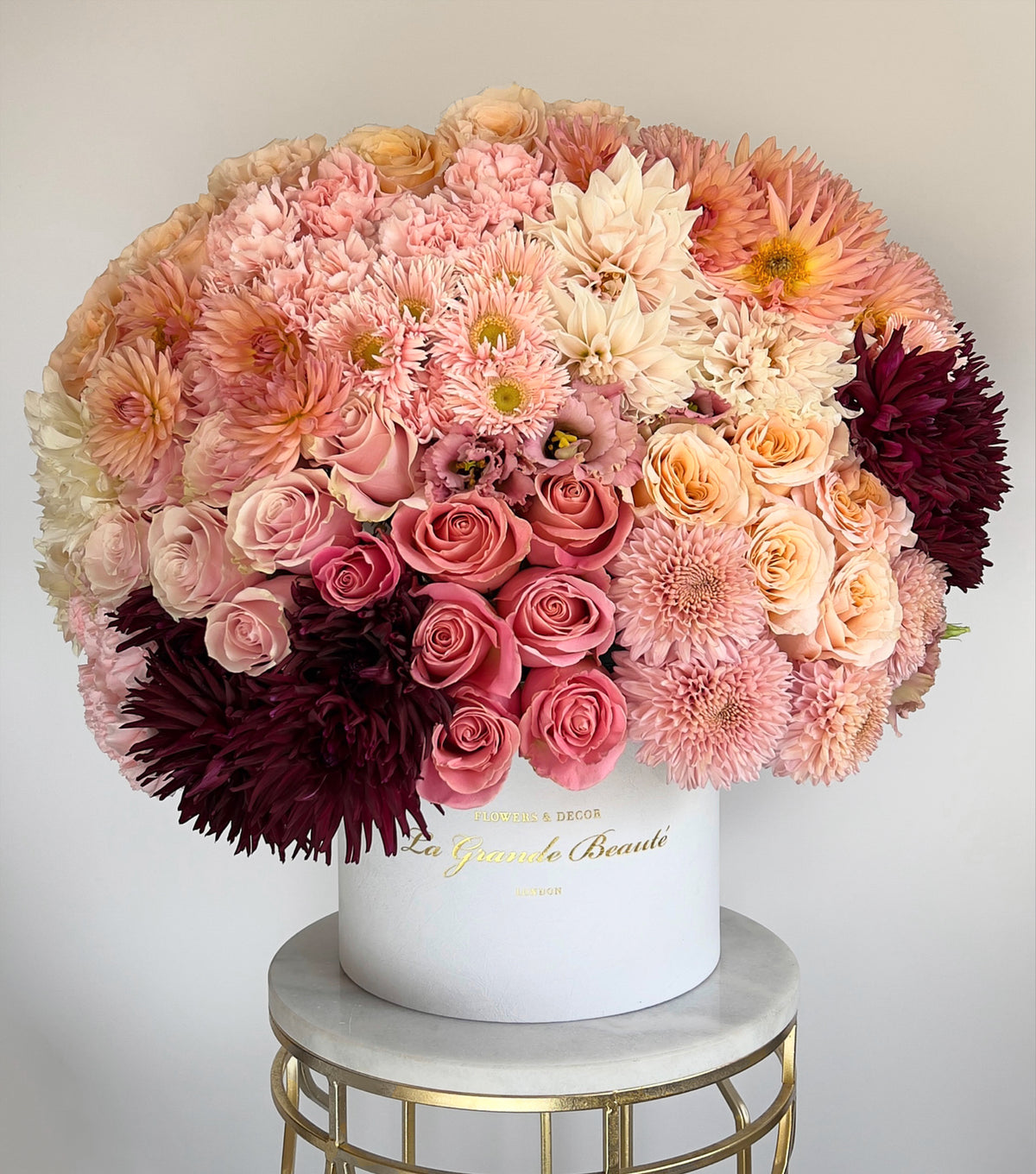 “Creme De La Creme” – autumn box of roses and dahlias by La Grande Beauté, luxury flower delivery London