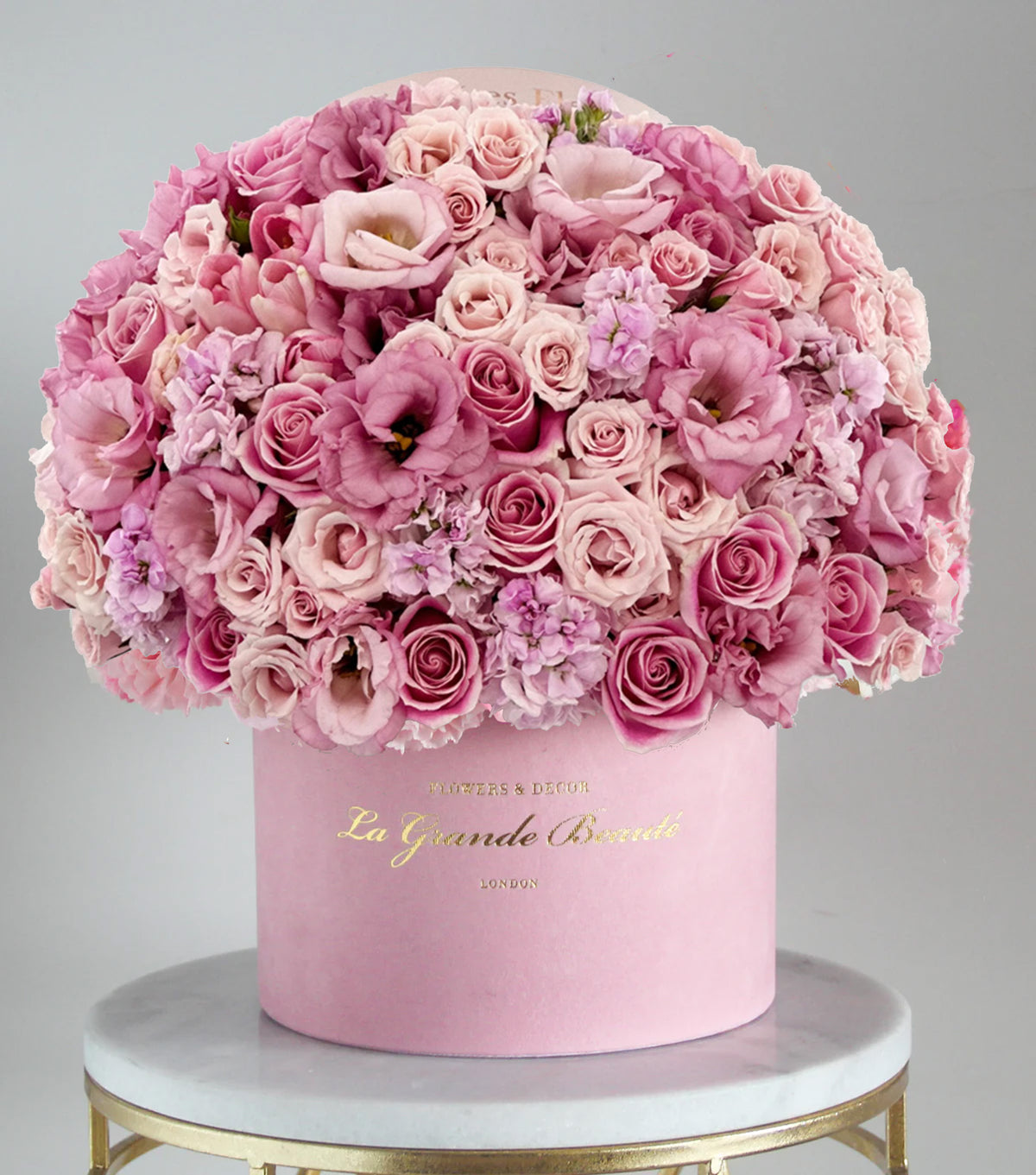 “Soft Pink” – pink rose, lilac and eustoma flower box by La Grande Beauté, luxury flower delivery London