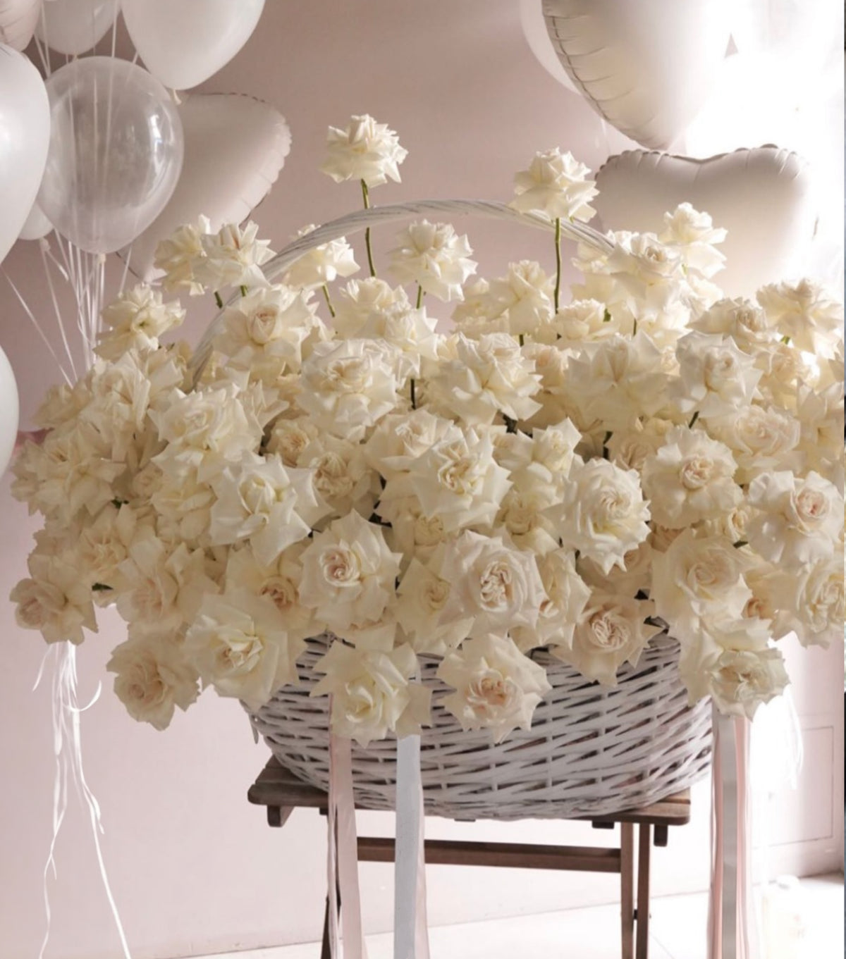 “White Dove” – basket of 250 reflexed white roses by La Grande Beauté, luxury flower delivery London
