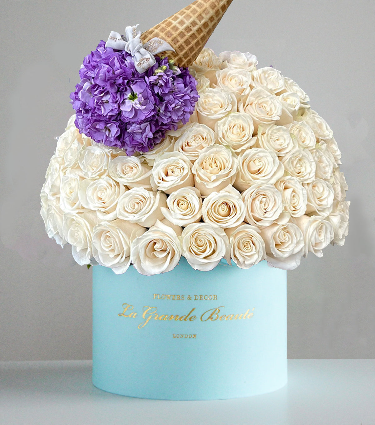 “Lavender Ice Cream” – ivory rose box with a lavender cone by La Grande Beauté, luxury flower delivery London