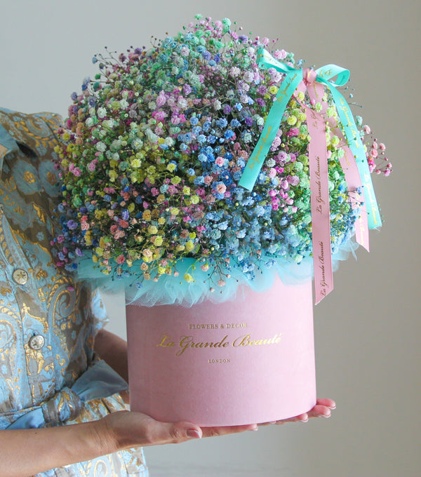 ''Cotton Candy'', , La Grande Beaute, Fresh, Exquisite pastel colour baby breaths make an unforgettable bouquet worthy of a second glance. This pastel floral arrangement captures a sense of wonder and innocence with its unique shades ranging from soft pink to blush to light blues. The arrangement in the photo is in the pink 23cm size La Grande Beaute velvet box and is decorated with tulle. Central London Delivery Only. Please check our shipping policies for postcodes. DISCLAIMER - FRESH FLOWERS: