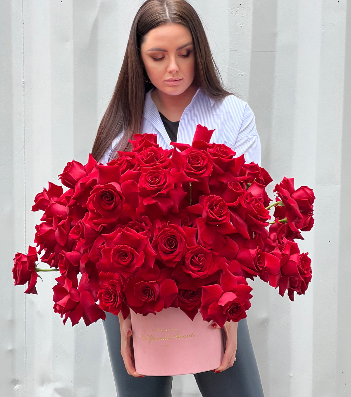 “Roses are Red” – red reflexed roses in a pink velvet box by La Grande Beauté, luxury flower delivery London
