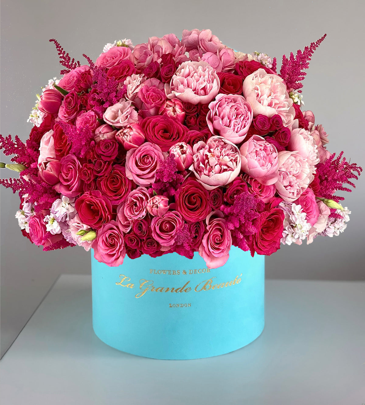 “Flamingo” – pink rose, peony and hydrangea velvet box by La Grande Beauté, luxury flower delivery London