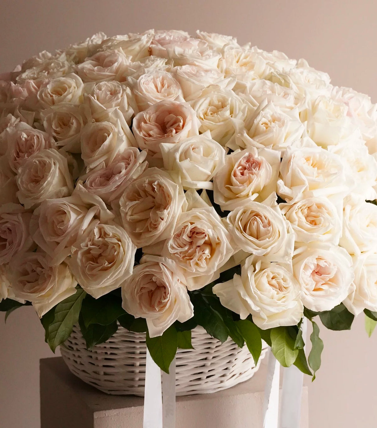“Dreamer” – basket of 100 white O’Hara roses by La Grande Beauté, luxury flower delivery London