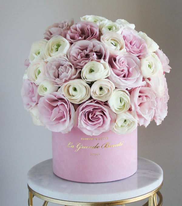 ''Fairytale'', freshflowerbox, La Grande Beaute, Fresh, mother, Blush pink roses and white ranunculus are dispersed throughout to create a fairytale-like box. Enter a dream of floral beauty with this magnificent arrangement. The arrangement in the photo is in the pink 23cm size La Grande Beaute velvet box. Central London Delivery Only. Please check our shipping policies for postcodes. DISCLAIMER - FRESH FLOWERS: These are fresh cut flowers and are perishable.Please check "Care & Handling" for ho