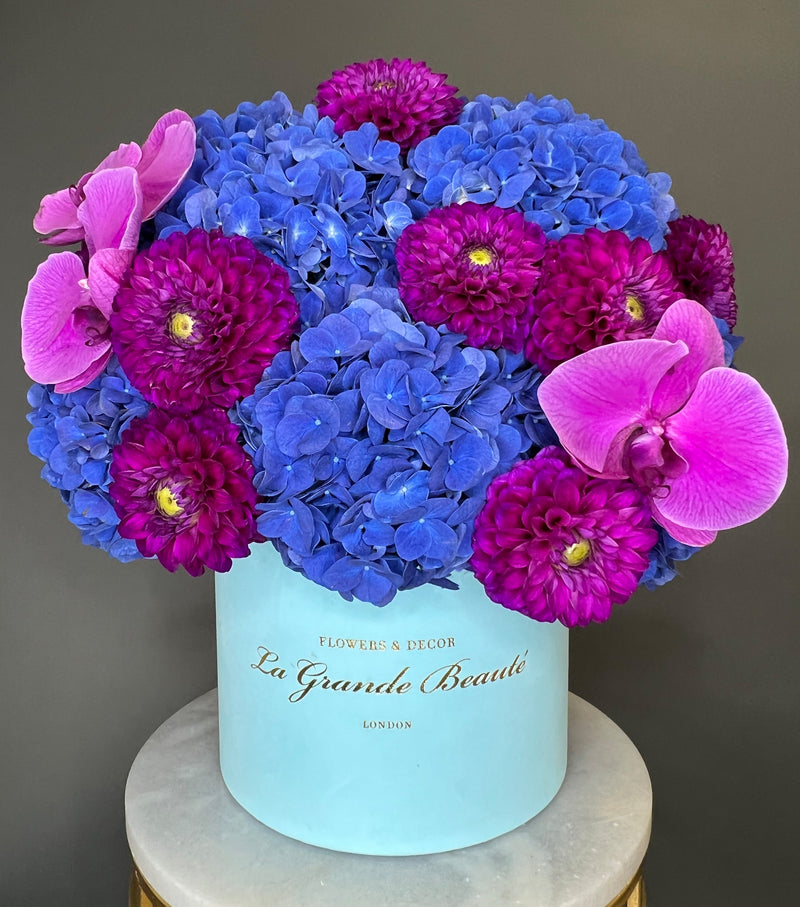 The arrangement is filled with blue Hydrangeas, dark pink Dahlias and pink Orchids the arrangement is in the blue 25cm size La Grande Beaute box. 