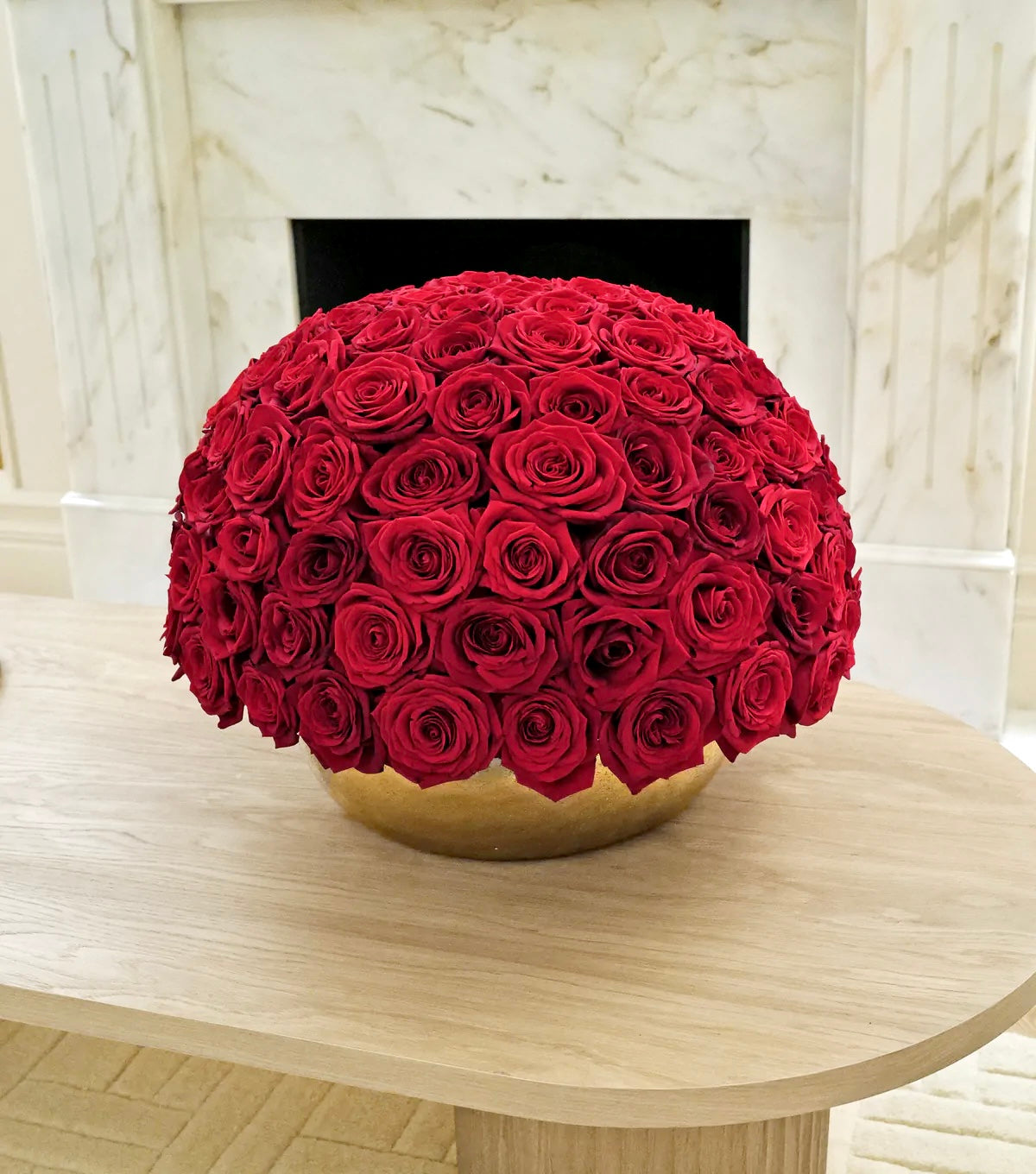 “The Great Beauty” – 150 red roses in a round gold vase by La Grande Beauté, luxury flower delivery London