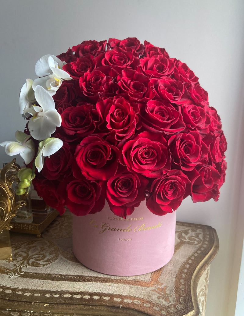 “Je T’aime” - La Grande Beaute fresh Flower Delivery London. Red roses with an orchid stem, valentines 