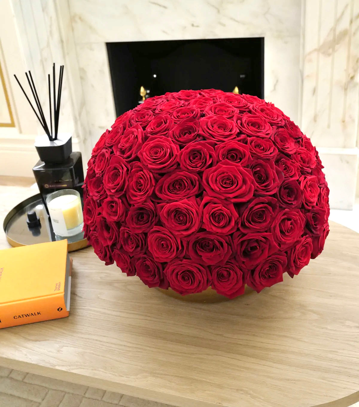 “The Great Beauty” – 150 red roses in a round gold vase by La Grande Beauté, luxury flower delivery London