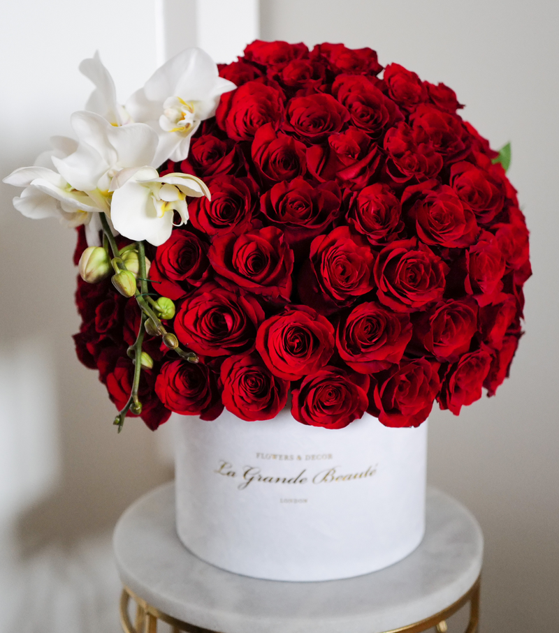 “Je T’aime” red roses with a white orchid stem, London flower delivery. perfect for valentines 