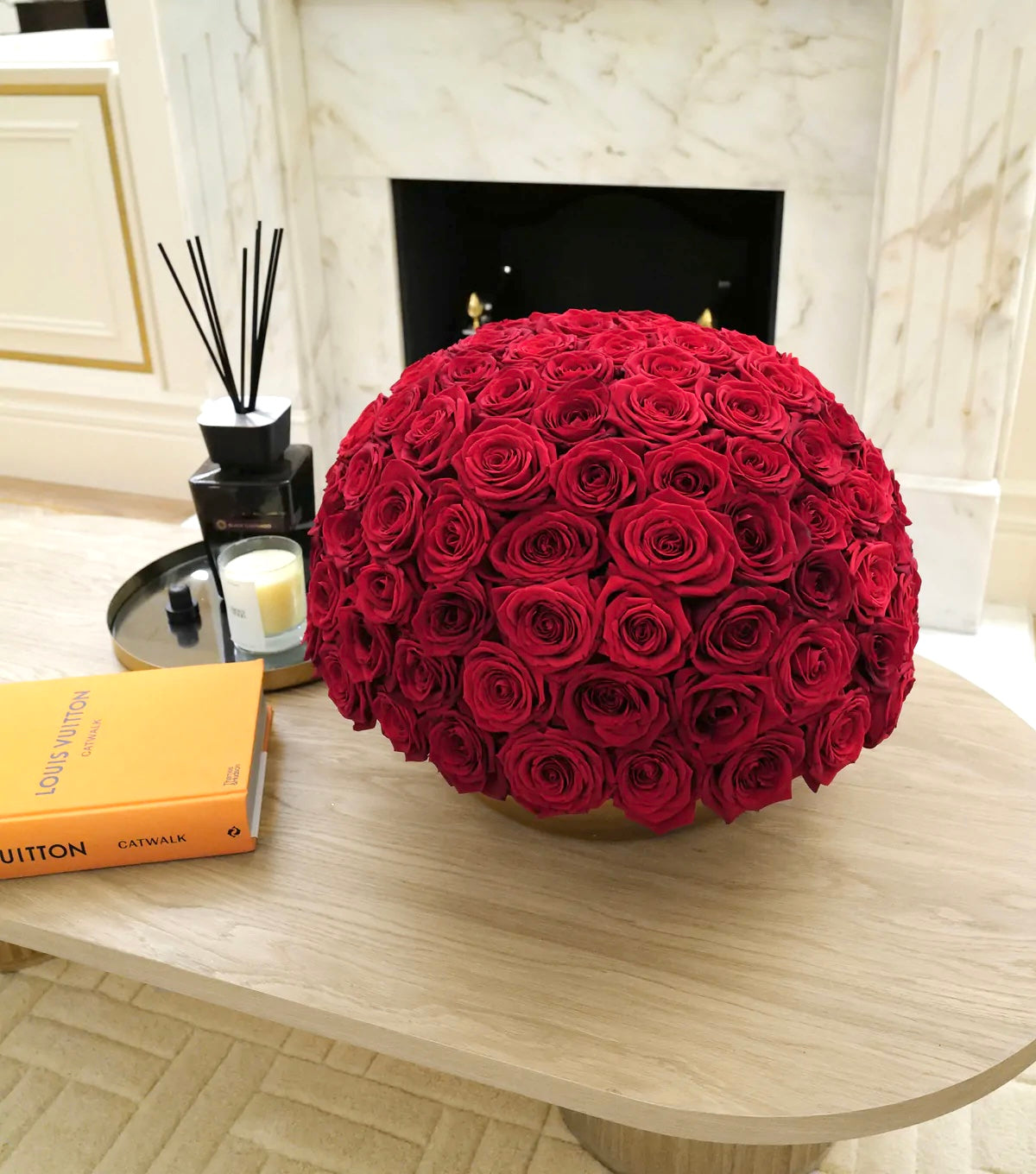 “The Great Beauty” – 150 red roses in a round gold vase by La Grande Beauté, luxury flower delivery London