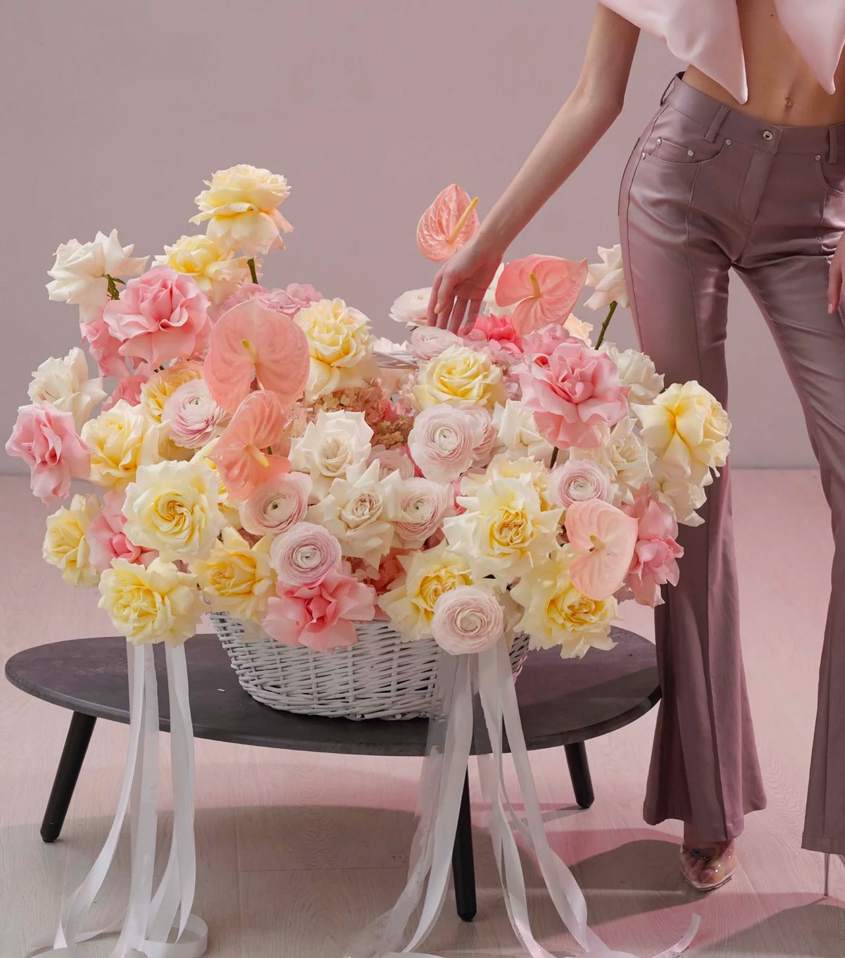 “Elegance” – basket of roses, anthuriums and ranunculus by La Grande Beauté, luxury flower delivery London