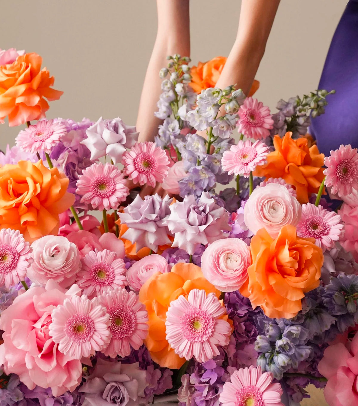“Romance” – large basket of roses, gerberas and ranunculus by La Grande Beauté, luxury flower delivery London