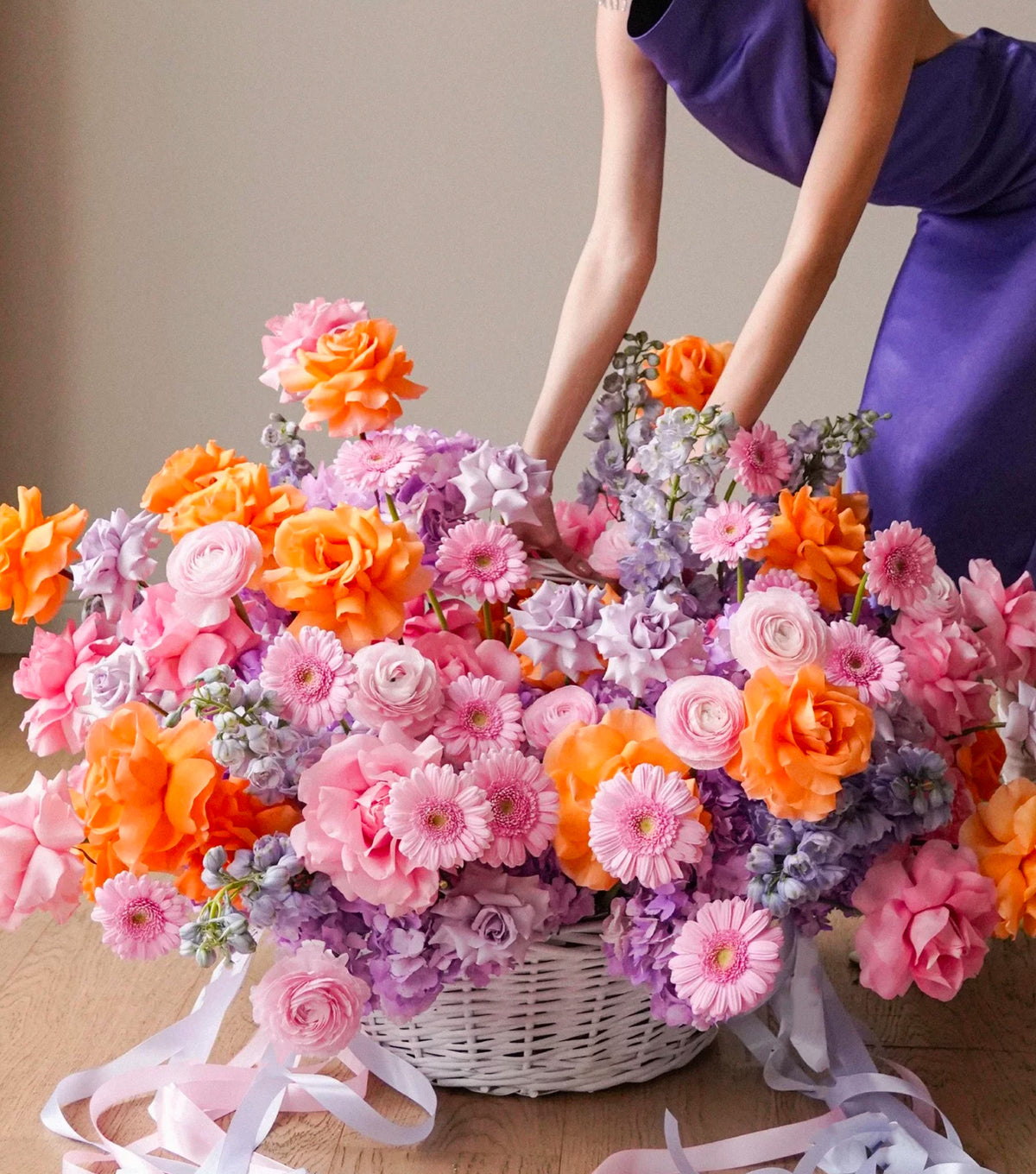 “Romance” – large basket of roses, gerberas and ranunculus by La Grande Beauté, luxury flower delivery London