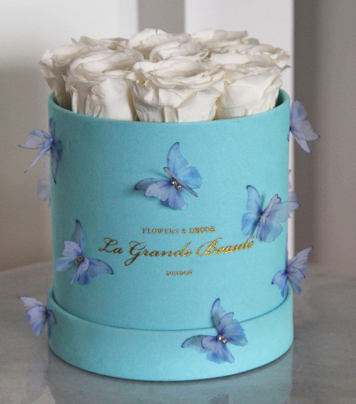 “Pixie” – petite preserved rose box with butterflies by La Grande Beauté, luxury flower delivery London