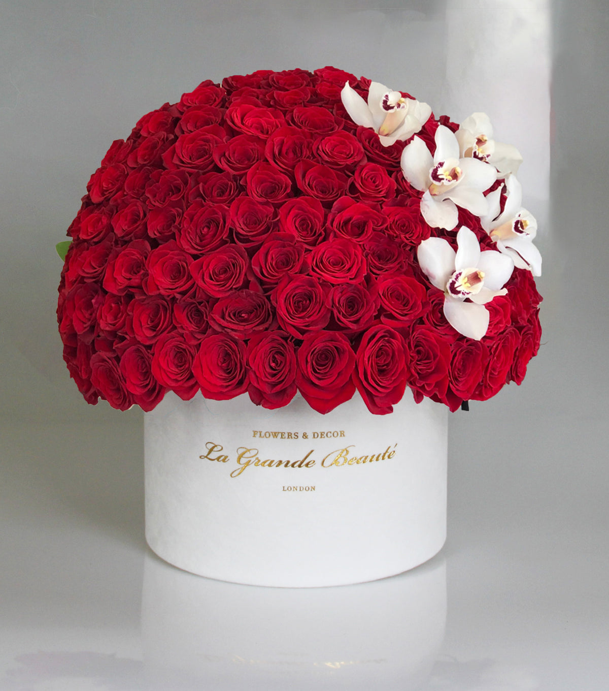 Red Roses with Cymbidium Orchids – red rose box by La Grande Beauté, luxury flower delivery London