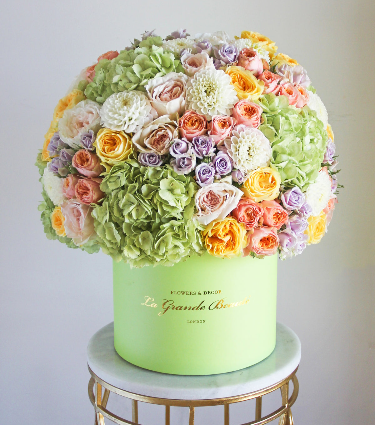 “Sorbet” – hydrangea, rose and dahlia box by La Grande Beauté, luxury flower delivery London